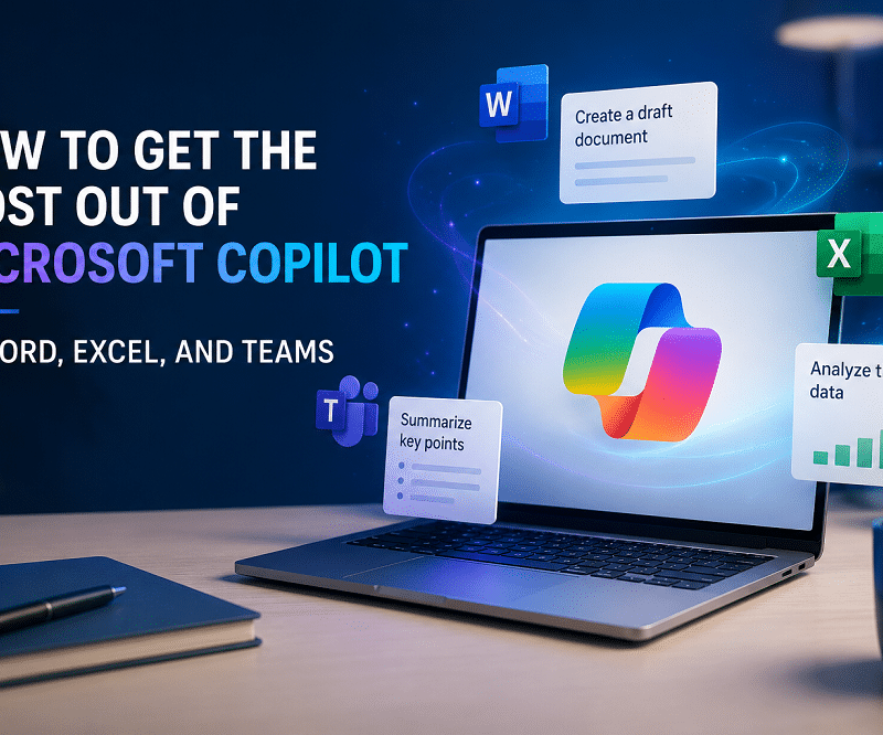 Microsoft Copilot on a laptop with Word, Excel, and Teams productivity tools for business users.