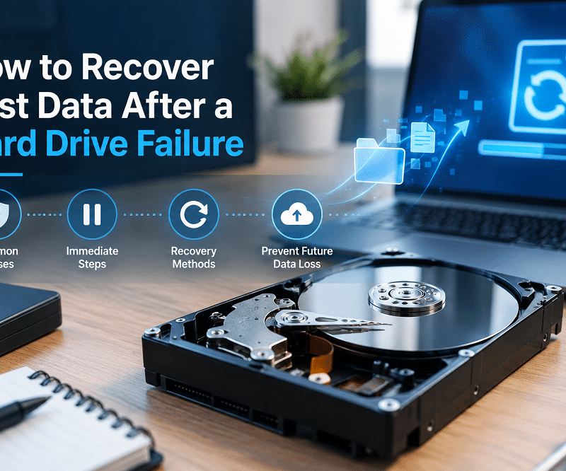 Hard drive failure and data recovery concept showing a damaged hard drive, laptop, and digital file recovery technology.
