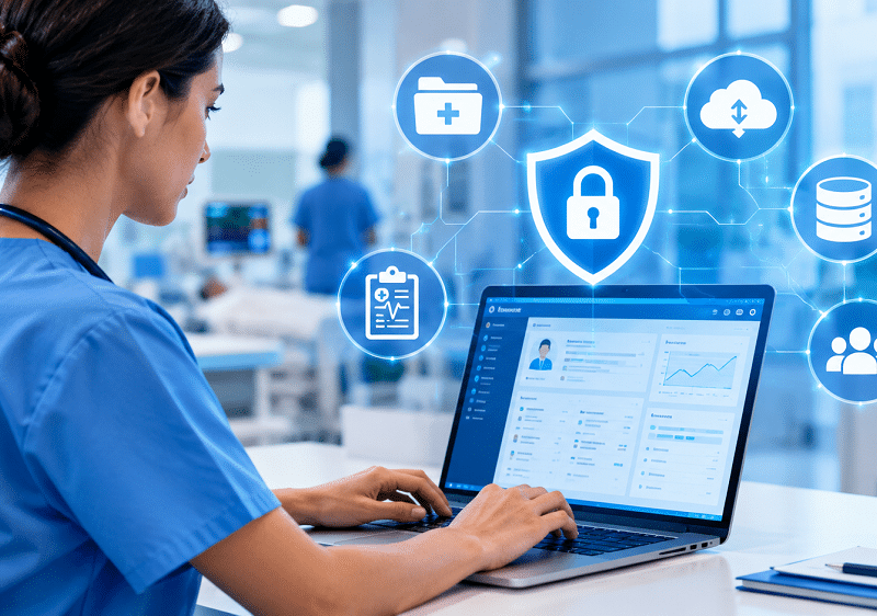 Healthcare professional using secure electronic medical records technology to support patient care and protect sensitive medical data.
